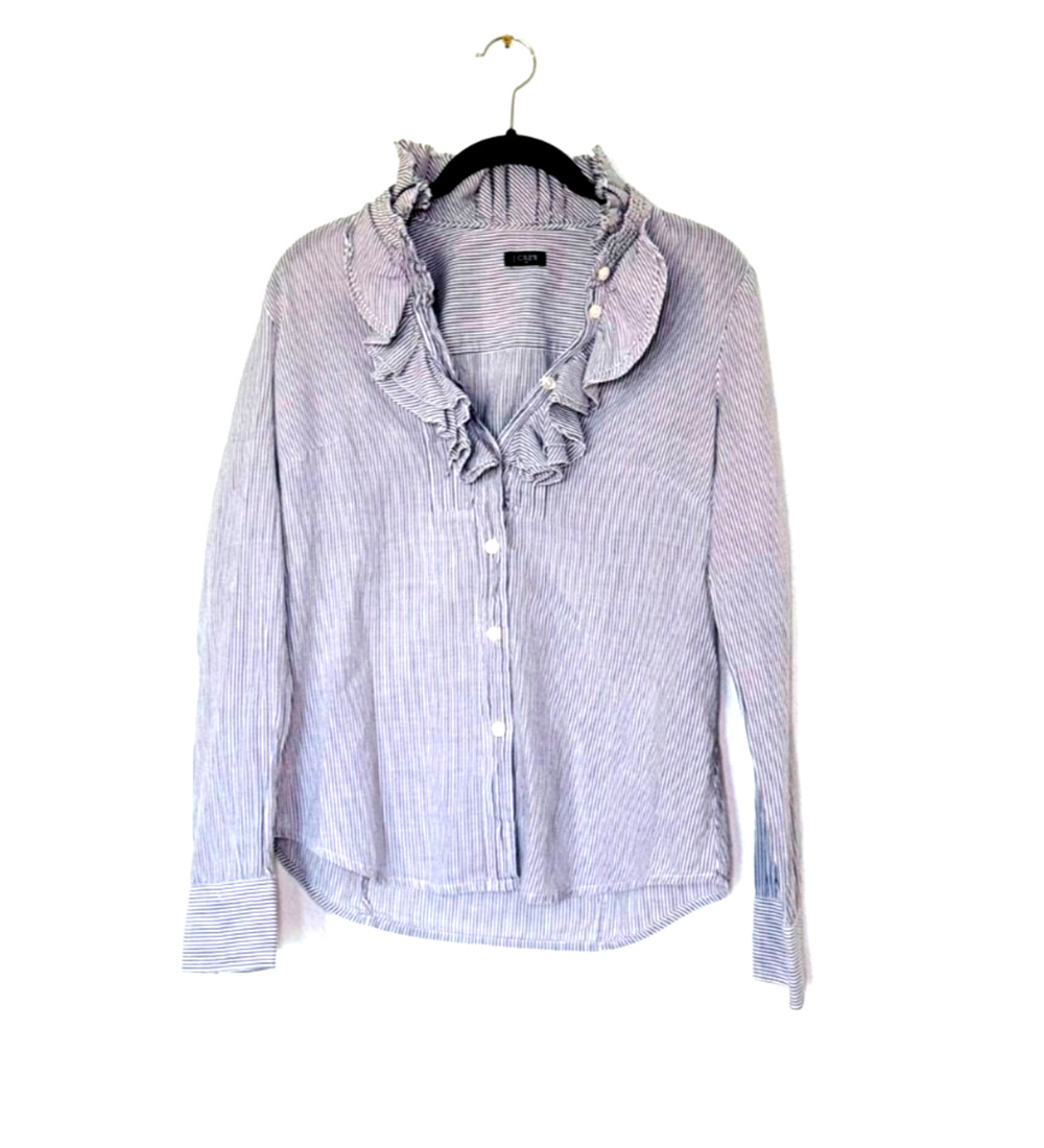 J. Crew Blouse Womens S Cotton Gray Striped Ruffle Collar Office Workwear Cotton